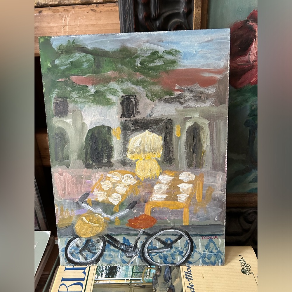Bicyclette Carmel oil painting 9x12” best Carmel restaurant. Impressionist style
